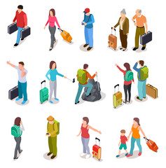 Fototapeta na wymiar Travel people isometric set. Men, women and kids with luggage. Tourist family, passengers and baggage. Tourism vector collection. Illustration of people travel adventure, walking and hiking isometry