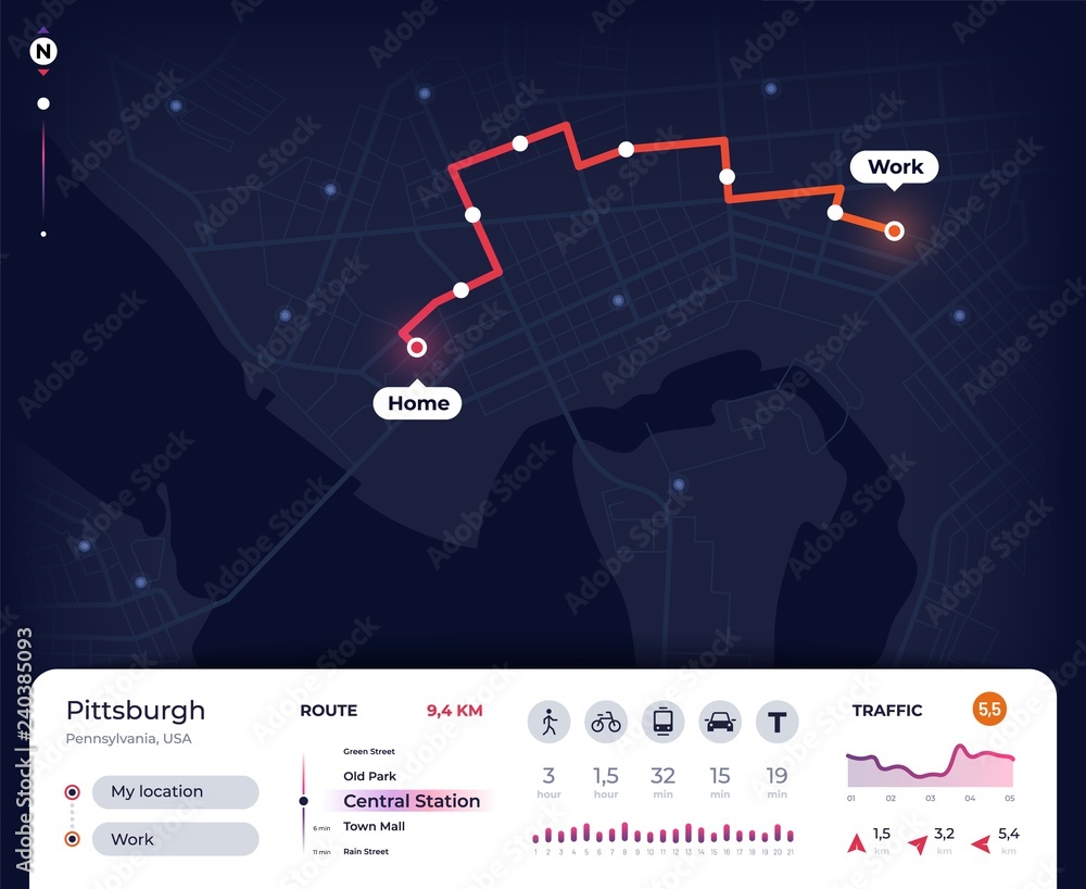 Poster navigation map. gps city navigator ui with mapping route, tracking street plan. roadmap app vector d