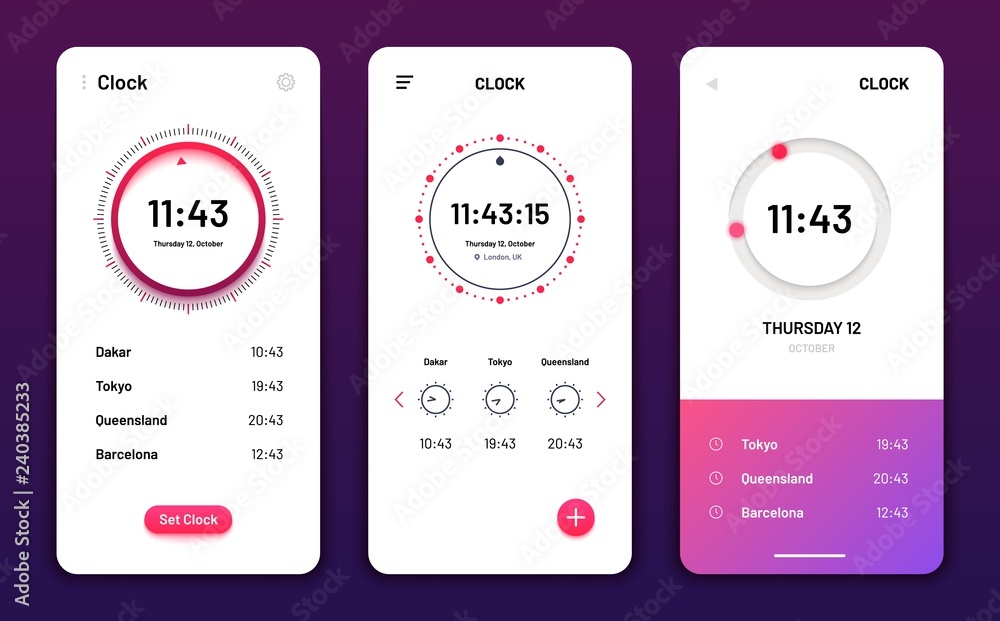 Poster clock app. digital clock alarm phone application. cellphone watch widget futuristic vector user inte
