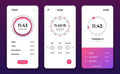 Clock app. Digital clock alarm phone application. Cellphone watch widget futuristic vector user interfaces. App ui clock mobile, time and date illustration
