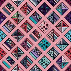 Seamless vector pattern. geometrical background with hand drawn decorative tribal elements. Print with ethnic, folk, traditional motifs. Graphic illustration for wrapping, wallpaper, fabric, packing