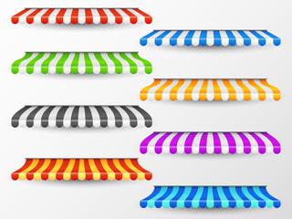 Shop awning. Vintage shop sunshade red summer baldaquin. Outdoor awnings isolated collection. Shop awning, market sunshade stripe illustration © MicroOne