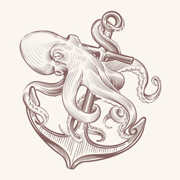 Octopus with anchor. Sketch sea kraken squid holding ship anchor. Octopus navy tattoo vector vintage design. Illustration of octopus and anchor, mythical animal and hook