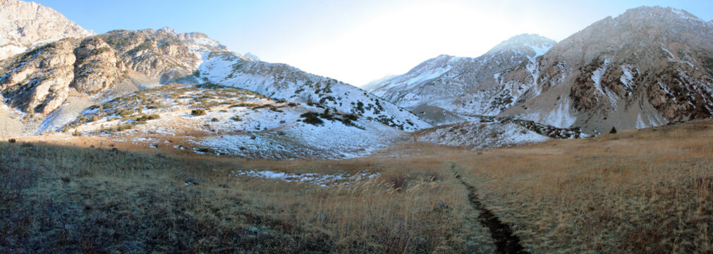 Panorama of the snow-covered high valley