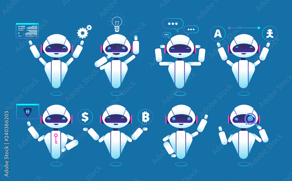 Poster chatbot character. cute robot online chat robot in different poses. chatterbot vector isolated set. 