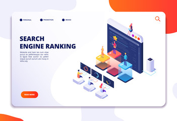 Search engine rank isometric landing page. Seo marketing and analytics, online ranking result. 4ir 3d vector concept. Illustration of seo optimization, isometric of web internet - obrazy, fototapety, plakaty