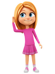 Cartoon character girl in a pink dress, overhears. 3d rendering. Illustration for advertising.