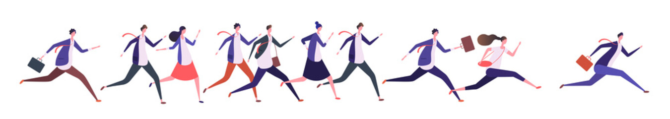 Obraz na płótnie Canvas Running business people. Businessman businesswoman, jogging persons run to goal. Competition, leadership and success vector concept. Businesswoman and businessman competition illustration