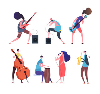 Music band. Cartoon musicians, punk guys with musical instruments playing rock music on stage vector set isolated. Illustration of guitarist with instrument, rock musician