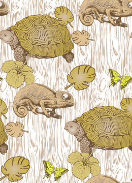 Pattern of wood, turtle, chameleon and flowers. Vector illustration. Suitable for fabric, wrapping paper and the like