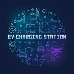 Fototapeta na wymiar EV charging station round vector blue illustration in thin line style. Electric Vehicle charging creative line symbol on dark background