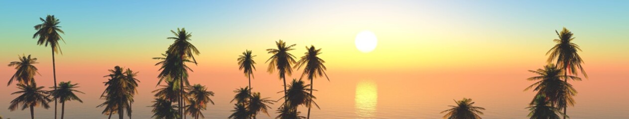 Fototapeta na wymiar Beautiful tropical island at sunset, panorama of sea landscape with palm trees, 3d rendering 