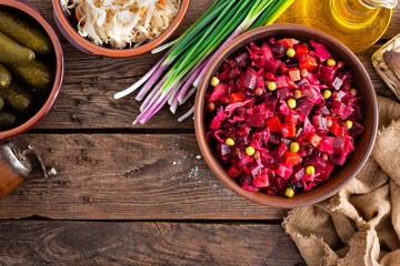 Beet Salad. Salad of beetroot. Vinaigrette. Vegan food. Traditional ukrainian cuisine. Top view.