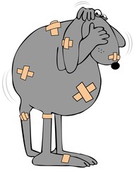 Illustration of a battered dog covered with bandages and covering its head in fear.