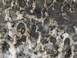 Traces of shoes in the snow. The beginning of winter in Bakuriani