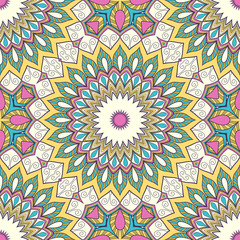 Decorative colorful ethnic seamless pattern for fabric or wrapping in oriental style. Hand drawn illustration