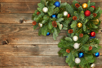 Christmas decorations on wooden background.