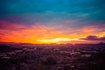 A colorful sunset over a neighborhood in the desert of the American southwest. The sky has warm golden colors on the horizon with cool blue tones in the clouds at the top of the image. - Powered by Adobe