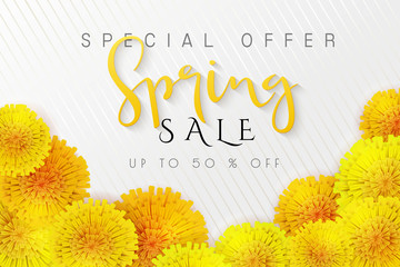 Vector illustration of spring promotion banner template with hand lettering label - spring - with realictic yeallow dandelion flowers - 240389623