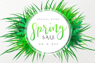 Vector illustration of spring promotion banner template with hand lettering label - spring - with grass and leaves