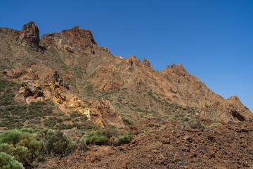 The rock formations and lava fields of Las Canadas caldera of the Teide volcano. Tenerife. Canary Islands. Spain.