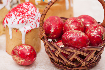 Easter basket with painted eggs, Easter Cakes, Bread, Kulich, Paska. Happy easter.