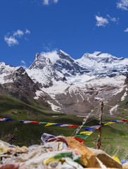 Mt.Nun-Kun landscape view with buddhist prayer flags ,Zanskar,Jammu-Kashmir,India