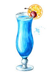 Blue lagoon cocktail with porange and cherry. Watercolor hand drawn illustration isolated on white background