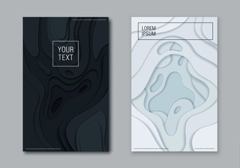 Abstract paper cut layered black and white posters. Fluid shapes brochure template. For banner, identity card, cover design, leaflet. Vector illustration. Cut layers.