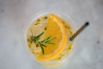 Passion fruit mix orange juice, top view