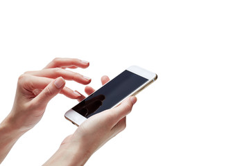 Closeup shot of a woman typing on mobile phone isolated on white background