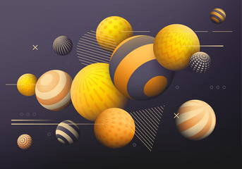 Background with golden, yellow and black decorative 3D balls. Abstract vector illustration.