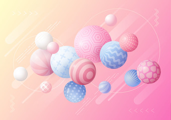 Multicolored decorative background with 3D balls. Abstract vector illustration. Trendy poster.