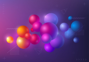 Background with multicolored decorative 3D balls. Abstract poster, vector illustration.