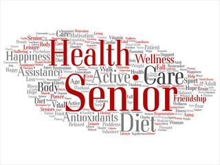 Vector concept conceptual old senior health, care or elderly people treatment abstract word cloud isolated background. A collage of healthcare, illness, medicine assistance, help, active or happy text