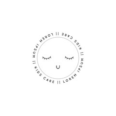 Cute kid's face with closed eyes. Hand drawn vector circle logo template.