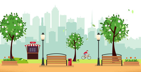 Spring park. Public park in the city with Street Cafe against high-rise buildings silhouette. Landscape with cyclist, blooming trees, lanterns, wood benches. Flat cartoon vector illustration