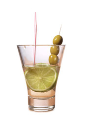 Glass cup with martini on white background