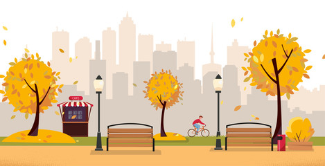 Aumumn leaf fall park. Public park in the city with Street Cafe against high-rise buildings silhouette. Landscape with cyclist, blooming trees, lanterns, wood benches. Flat cartoon vector illustration © LanaSham
