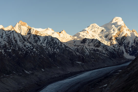 Sunset at Drang-Drung Glacier with a maximum length of 23 kilometres at an average elevation of 4,780 m (15,680 feet)in the northeastern Himalayan Range known as the Zanskar Range, Kargil-Ladakh-India