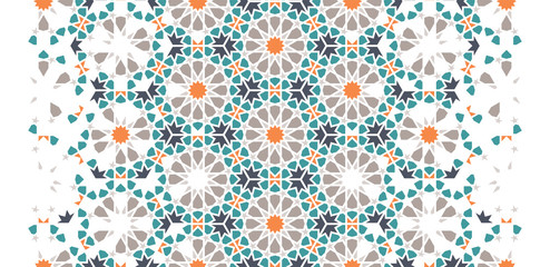 Tile repeating vector border. Geometric halftone pattern with colorful arabesque disintegration