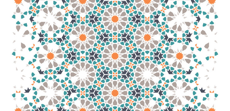 Tile repeating vector border. Geometric halftone pattern with colorful arabesque disintegration