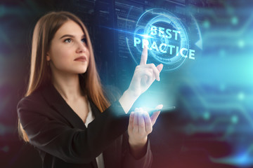 The concept of business, technology, the Internet and the network. A young entrepreneur working on a virtual screen of the future and sees the inscription: Best practice
