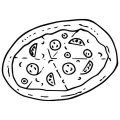 Pizza icon. Vector illustration of vegetable, meat, mushroom pizza. Hand drawn pizza.