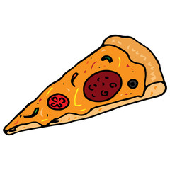 Slice of pizza icon. Vector illustration of vegetable, meat, mushroom pizza. Hand drawn slice of pizza.