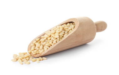Scoop with pine nuts on white background