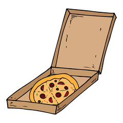 Pizza box icon. Vector illustration of pizza in box. Hand drawn pizza. Open box with delicious pizza.