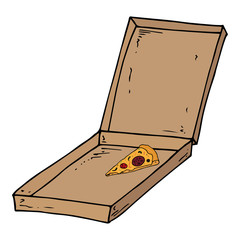 Slice of pizza in the box icon. Vector illustration of leftover pizza in a box. Hand drawn slice of pizza.