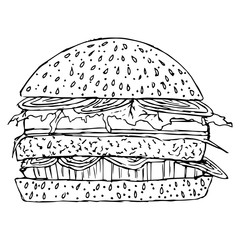 Hamburger icon. Vector illustration of a double cheeseburger, hamburger. Hand drawn burger, cheeseburger, hamburger.