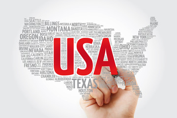 USA Map word cloud collage with most important cities, concept with marker